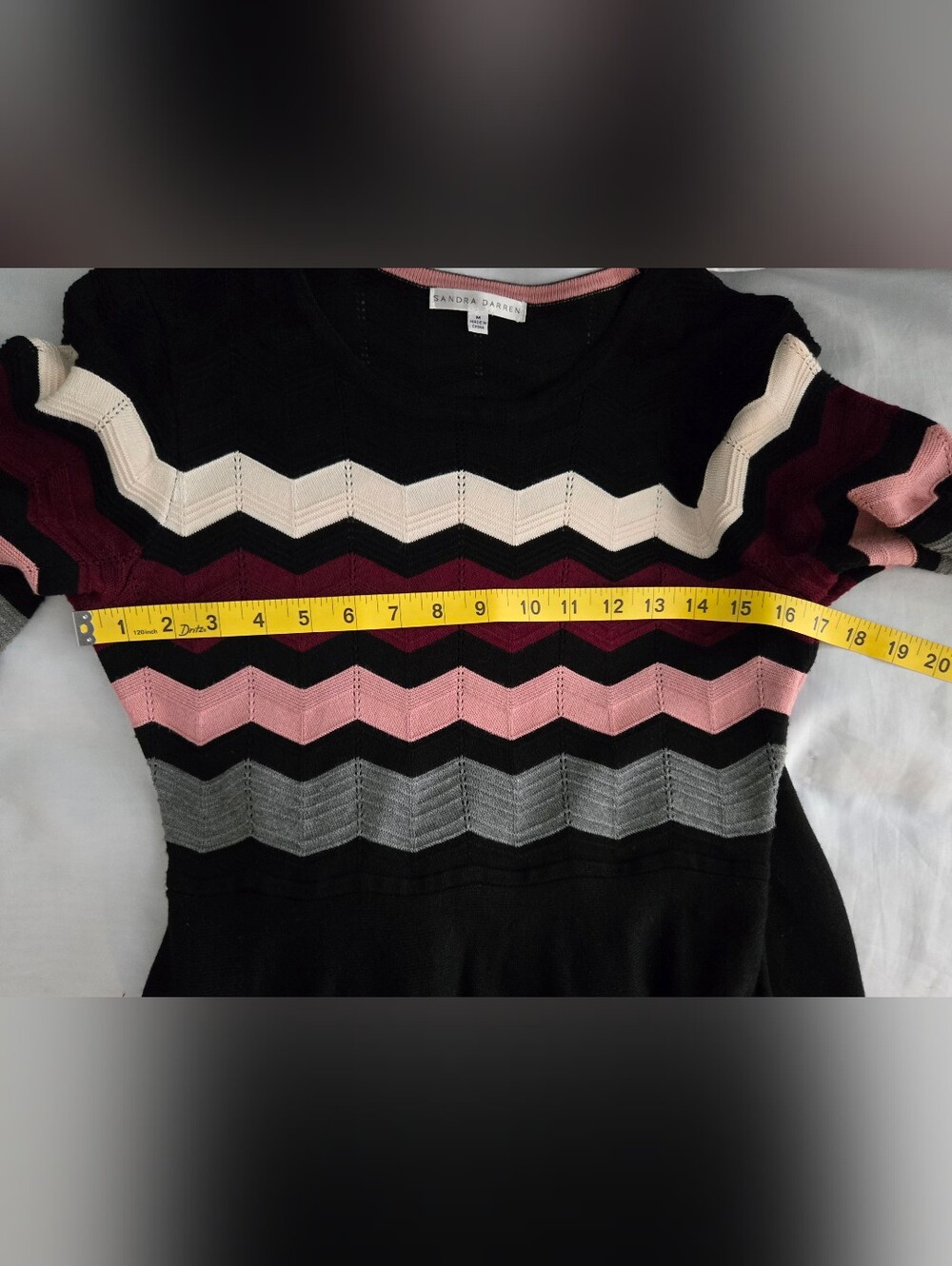 Sandra Darren Sweater Dress Black With Chevron Print Midi 3/4 Length Sleeves Euc - Picture 4 of 8